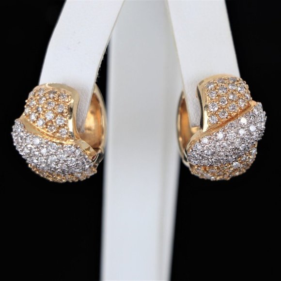 19150 14K Yellow White Gold 3.50ct Pave Round Diamonds Huggie Hoop Earrings - Picture 4 of 6